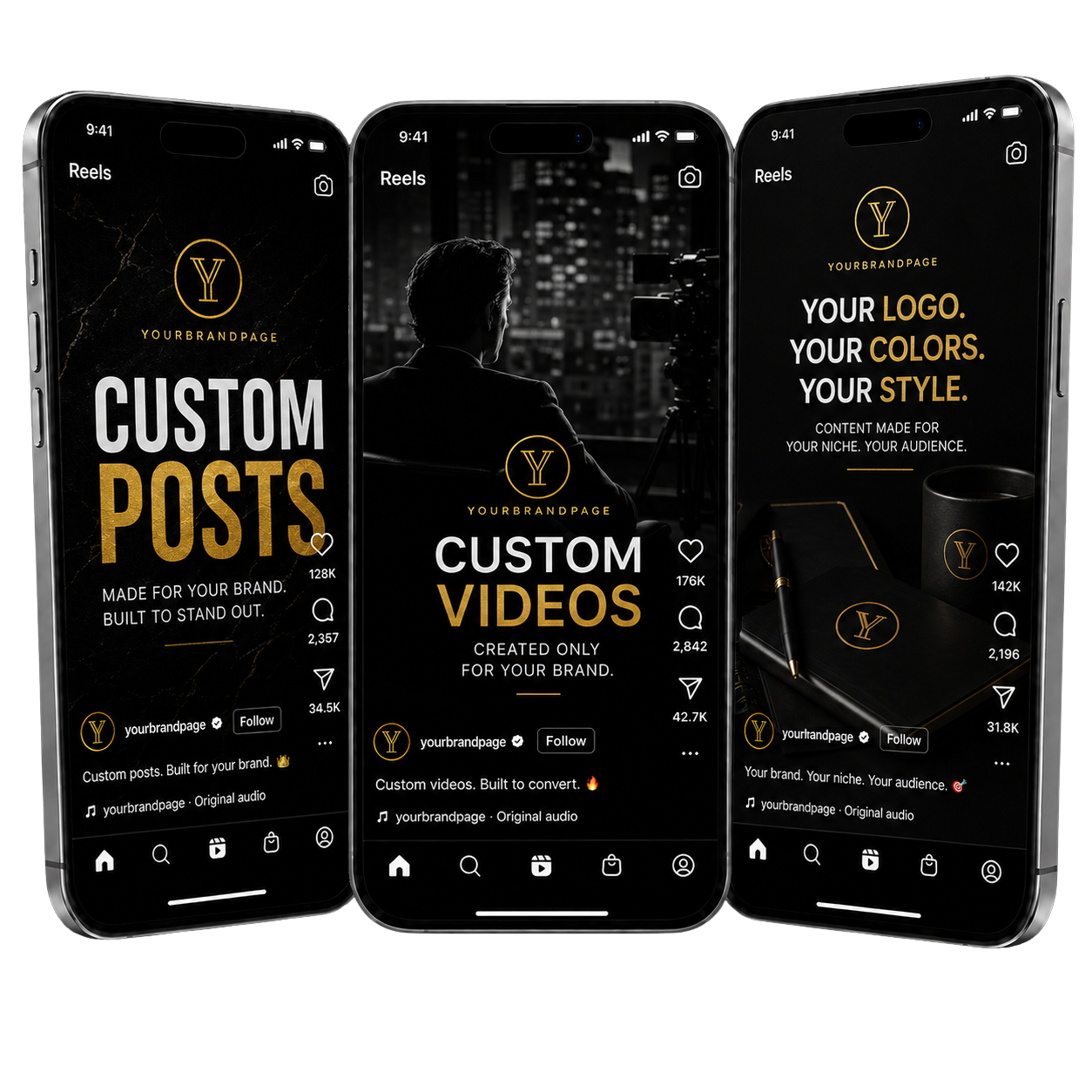 Private Brand Content Upgrade mockup showing custom branded posts and vertical videos