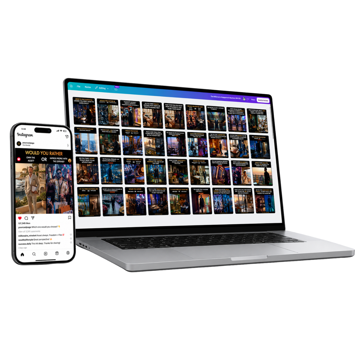Success Posts 365 product bundle with Canva template links and phone screen previews
